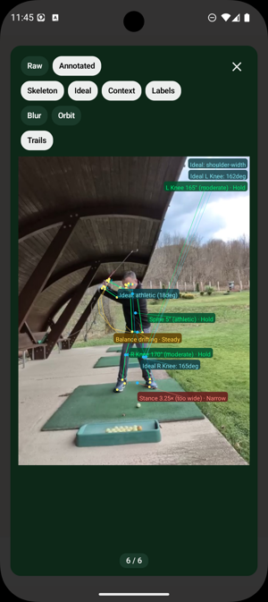 Showing visual analysis of key body points vs ideal one for the improved swing in Fairway: Golf Coach and Journal app.