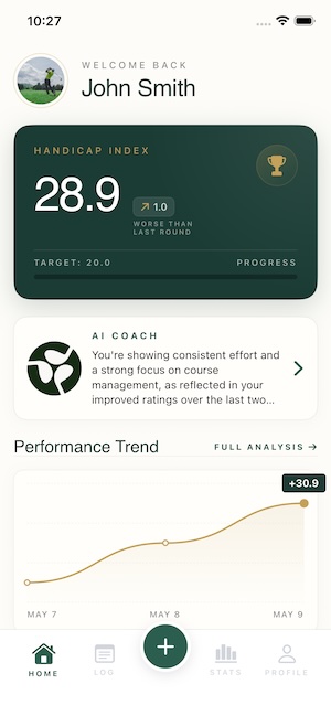 Golf journal dashboard with plays like HCP and AI coach