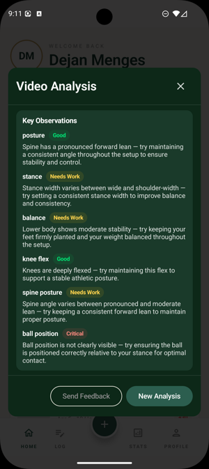 Posture, stance, balance, knee flex, spine posture and ball position analysis with proposed improvments in Fairway: Golf Coach and Journal app.