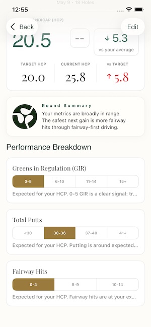 Performance breakdown showing GIR, putts, fairway hits, or other round-specific metrics in handicap context