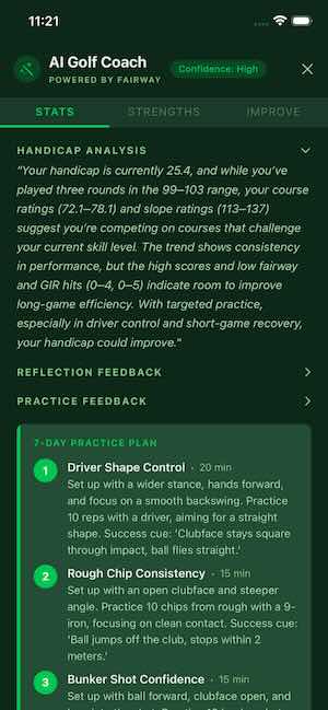 AI golf coach analyzing HCP, reflection feedback, practice feedback and giving 7 days practice plan