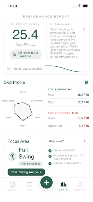 Performance statistics screen showing the AI coaching insights where relevant