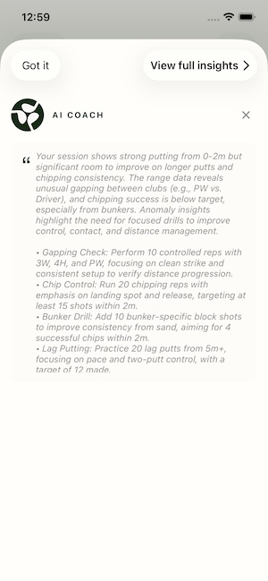AI Coach practice insight card with recommendation for what to practice next